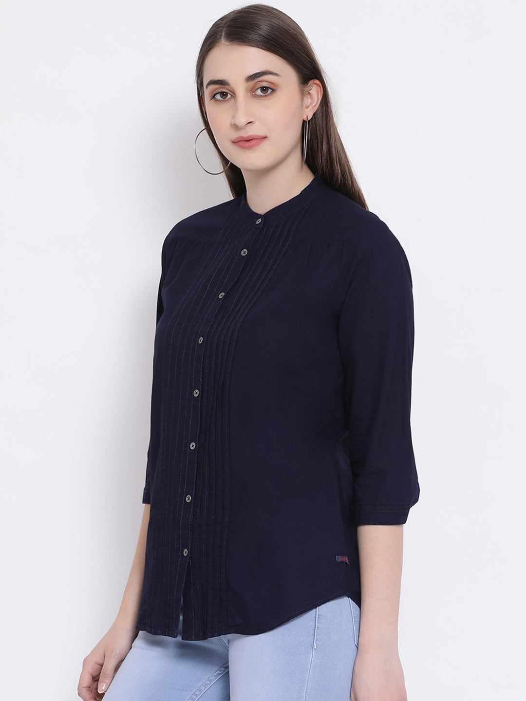 Black Mandarin Collar Slim Fit Shirt - Women Shirts
