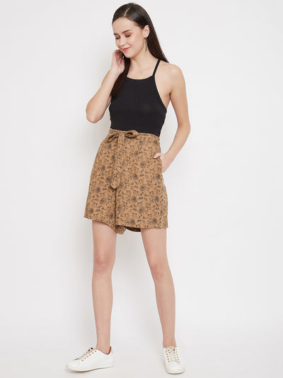 Brown Printed tie-up Shorts - Women Shorts