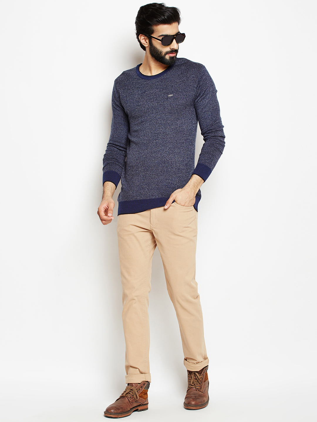 Blue Solid Round Neck Sweaters-Men Sweaters-Crimsoune Club