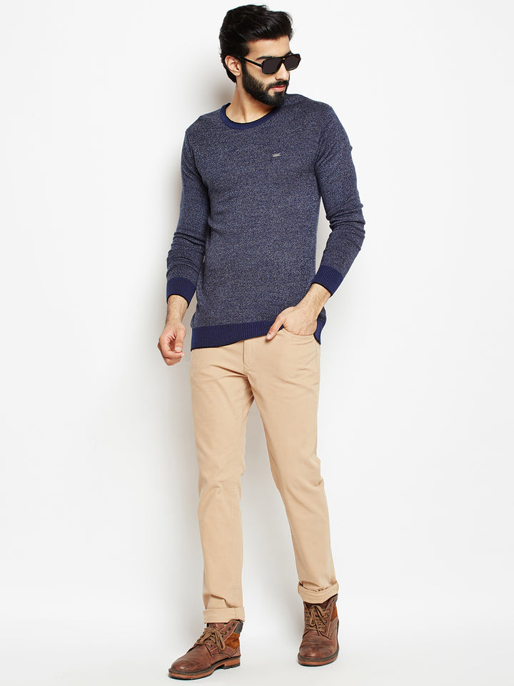 Blue Solid Round Neck Sweaters-Men Sweaters-Crimsoune Club
