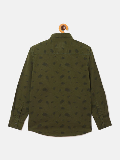 Olive Printed Spread Collar Slim Fit Shirt - Boys Shirts