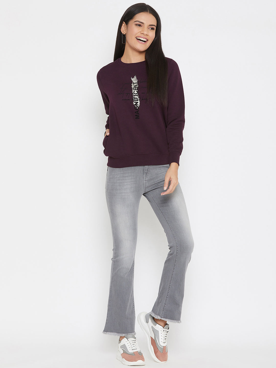 Purple Printed Round Neck Sweatshirt - Women Sweatshirts
