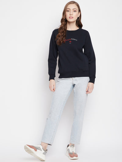 Navy Blue Printed Round Neck Sweatshirt - Women Sweatshirts