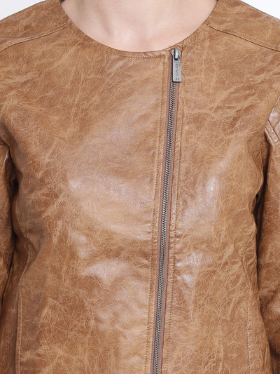 Brown Solid Collarless Jackets-Women Jackets-Crimsoune Club