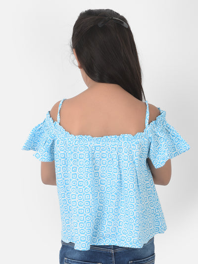 Light Blue Printed Cold Shoulder Crop Top - Girls Tops