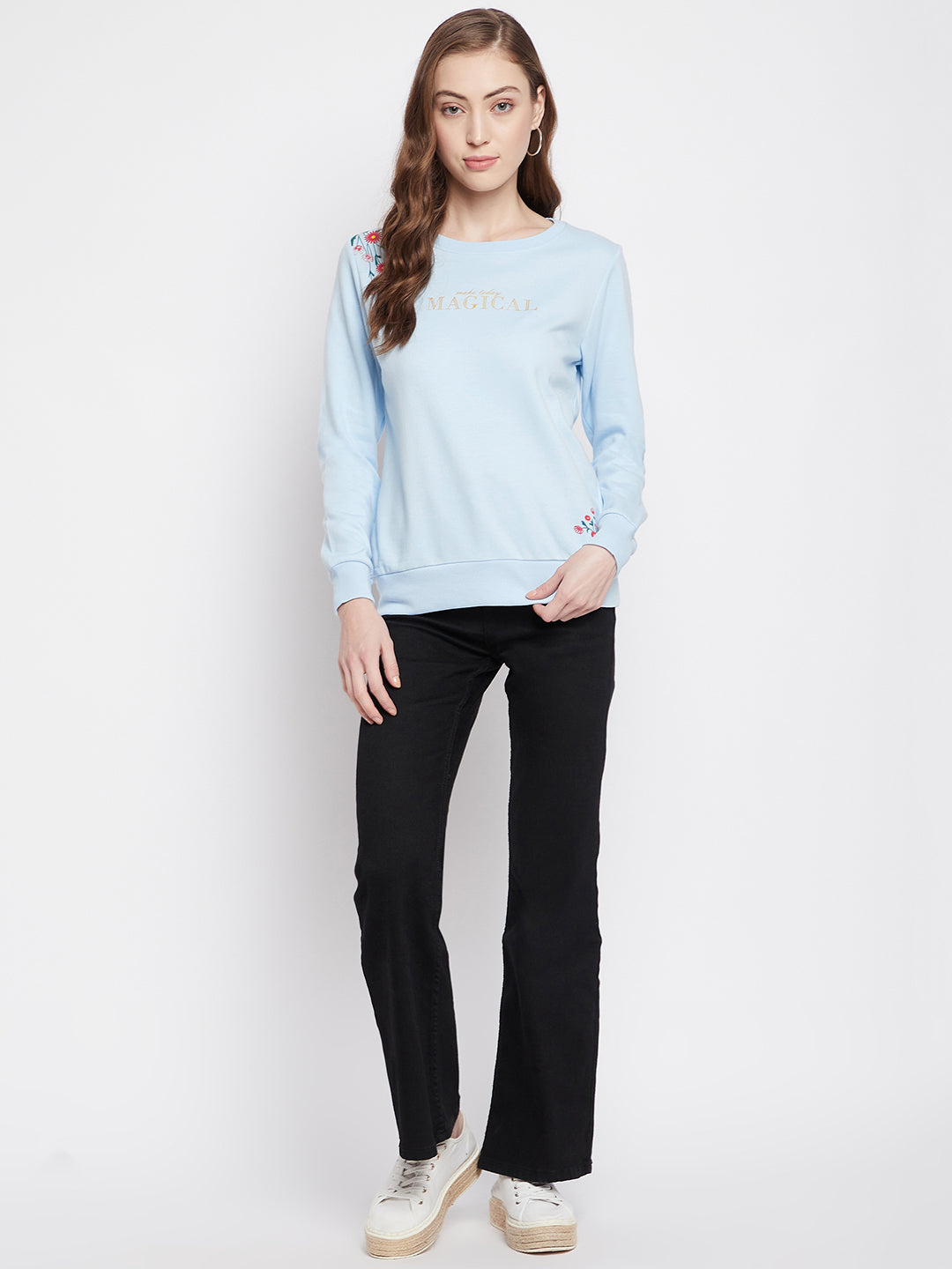 Blue Printed Round Neck Sweatshirt - Women Sweatshirts