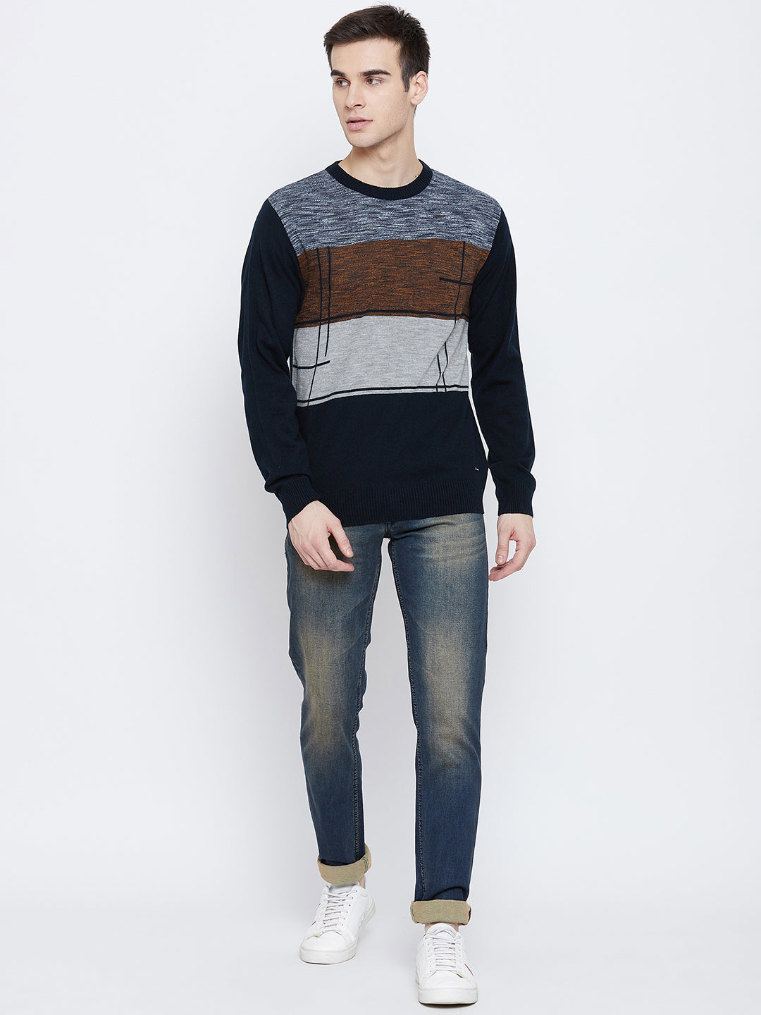 Navy Blue Colorblocked Round Neck Sweater - Men Sweaters