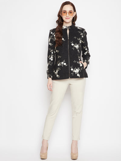 Black Embroidered Mandarin Blazer - Women Blazer