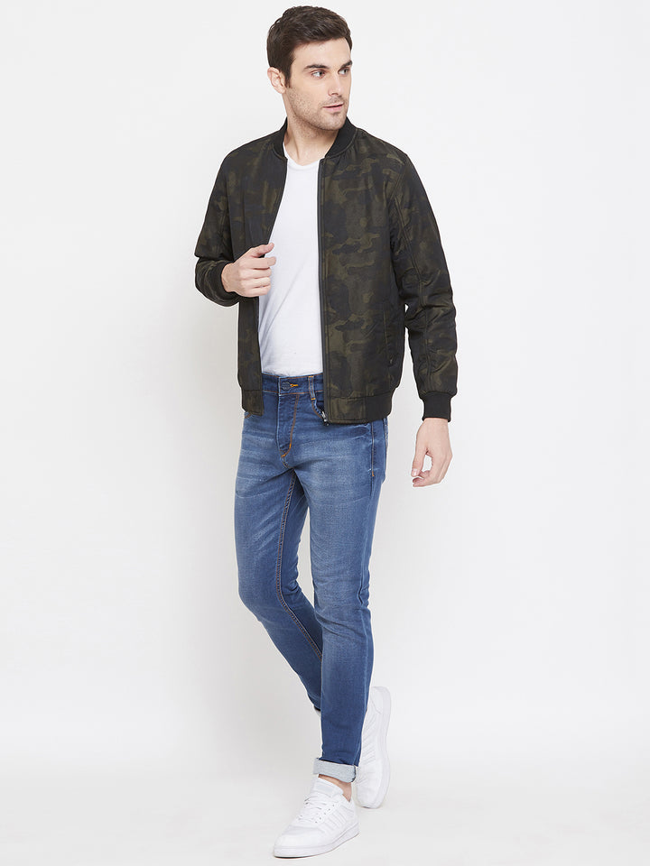 Olive Printed Mandarin Collar Jackets-Mens Jacket-Crimsoune Club