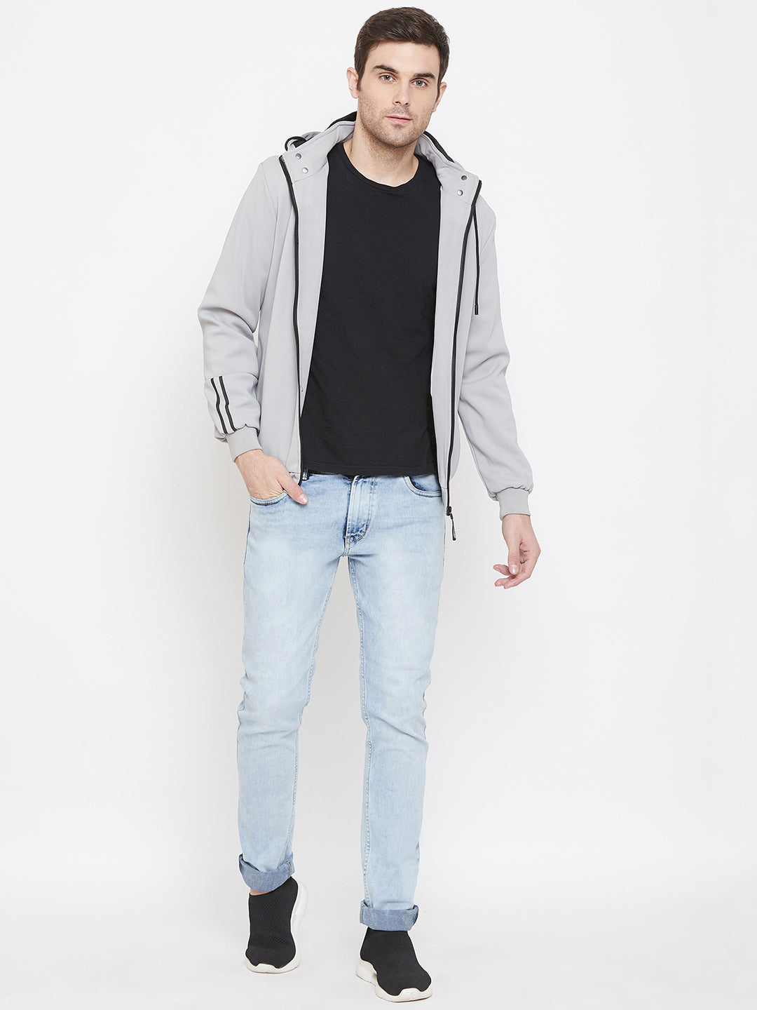 Grey Solid Hooded Jackets-Mens Jacket-Crimsoune Club