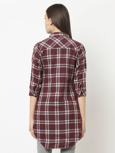 Longline Maroon Checked Shirt in Cotton