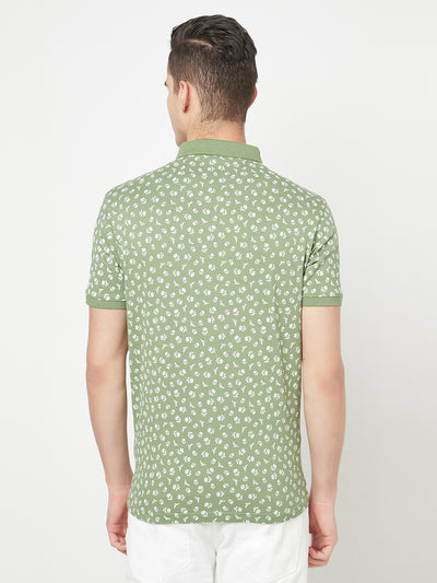 Green Floral Printed Polo T-Shirt - Men T-Shirts