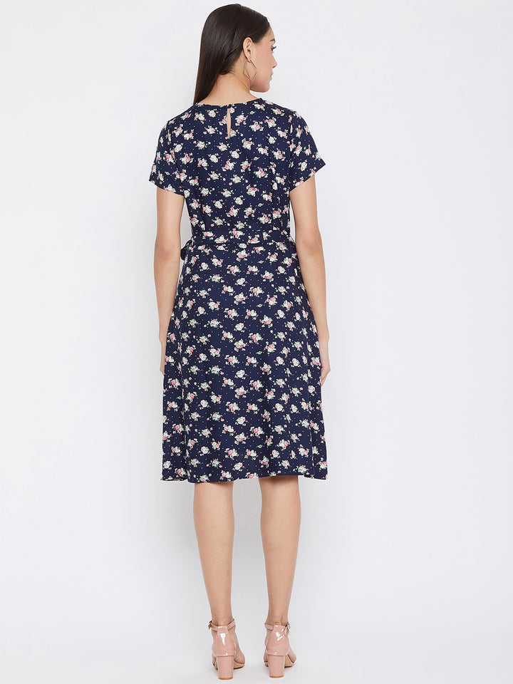 Navy Blue Floral Print Dress - Women Dresses
