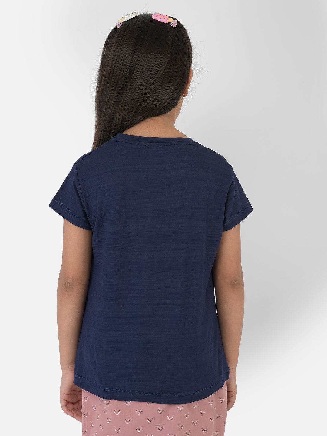 Navy Blue Printed Round Neck T-Shirt - Girls T-Shirts