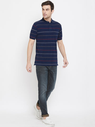 Navy Blue Striped Polo Neck T-Shirt - Men T-Shirts