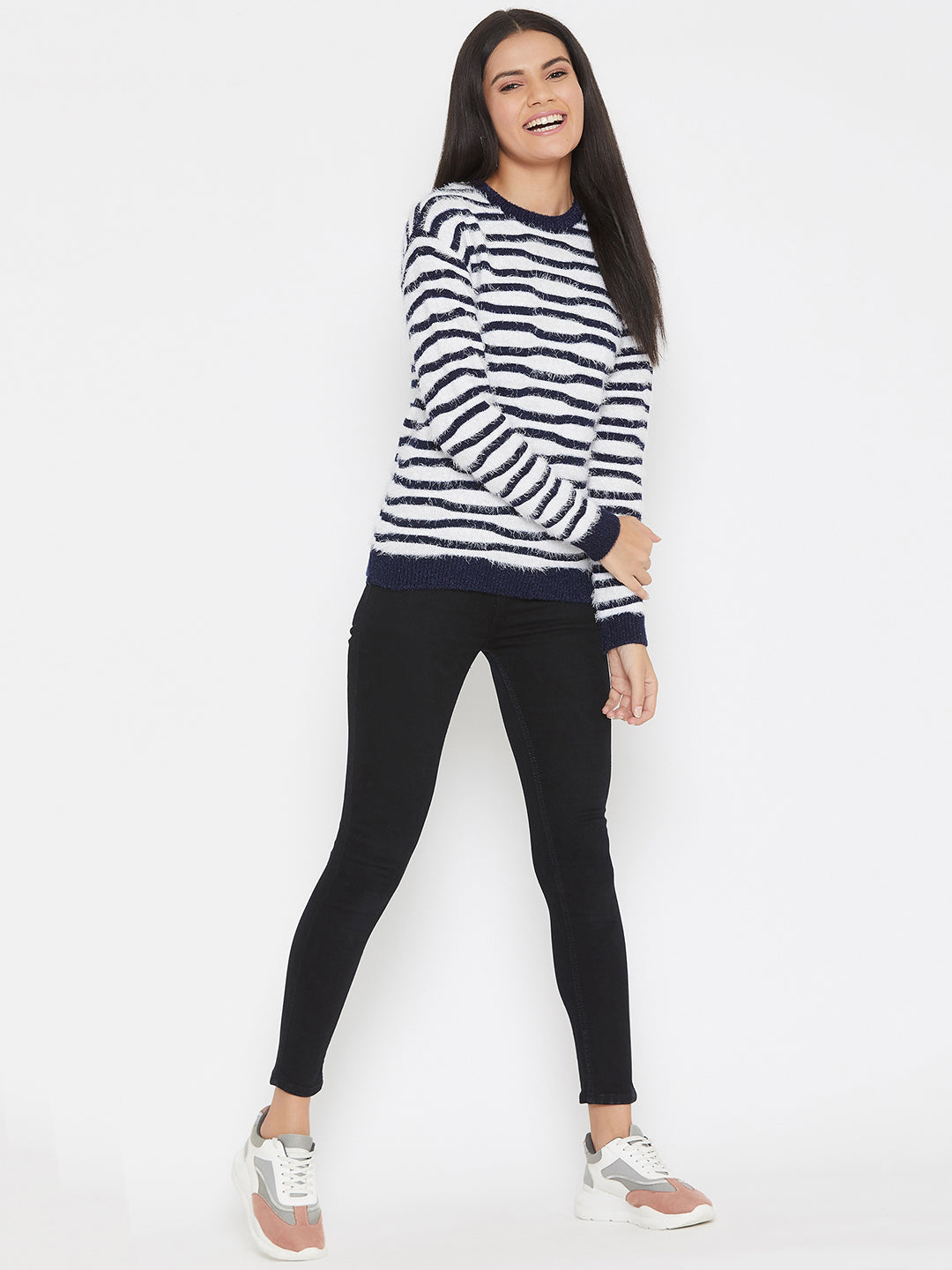 White Striped Round Neck Sweater - Women Sweaters