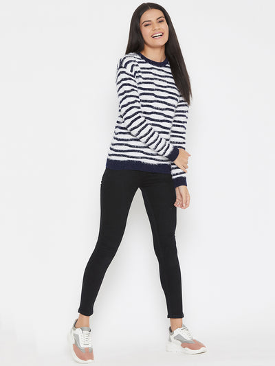 White Striped Round Neck Sweater - Women Sweaters