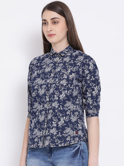 Blue Printed Spread Collar Slim Fit Shirt - Women Shirts