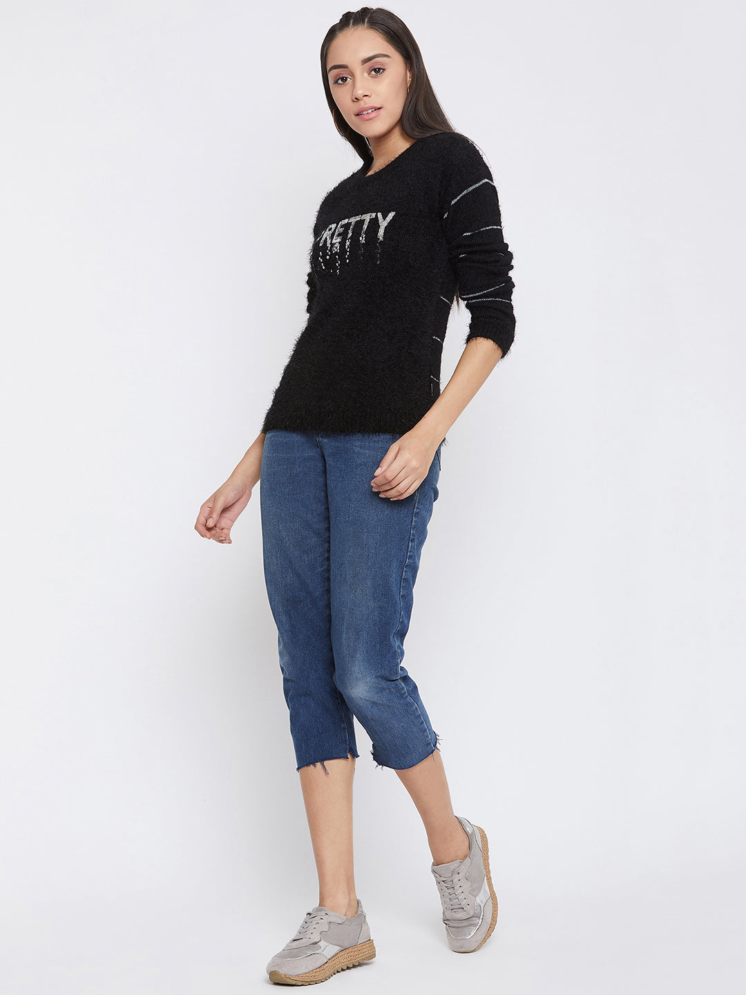 Black Printed Slim Fit Sweater Top - Women Sweaters