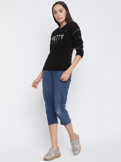 Black Printed Slim Fit Sweater Top - Women Sweaters