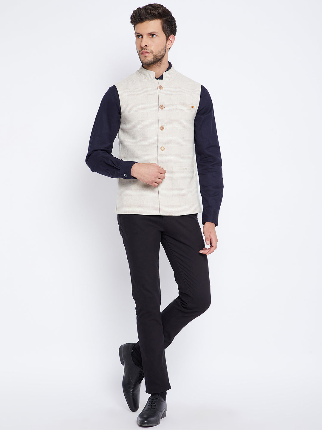 Beige Self Design Waistcoat - Men Waist Coat