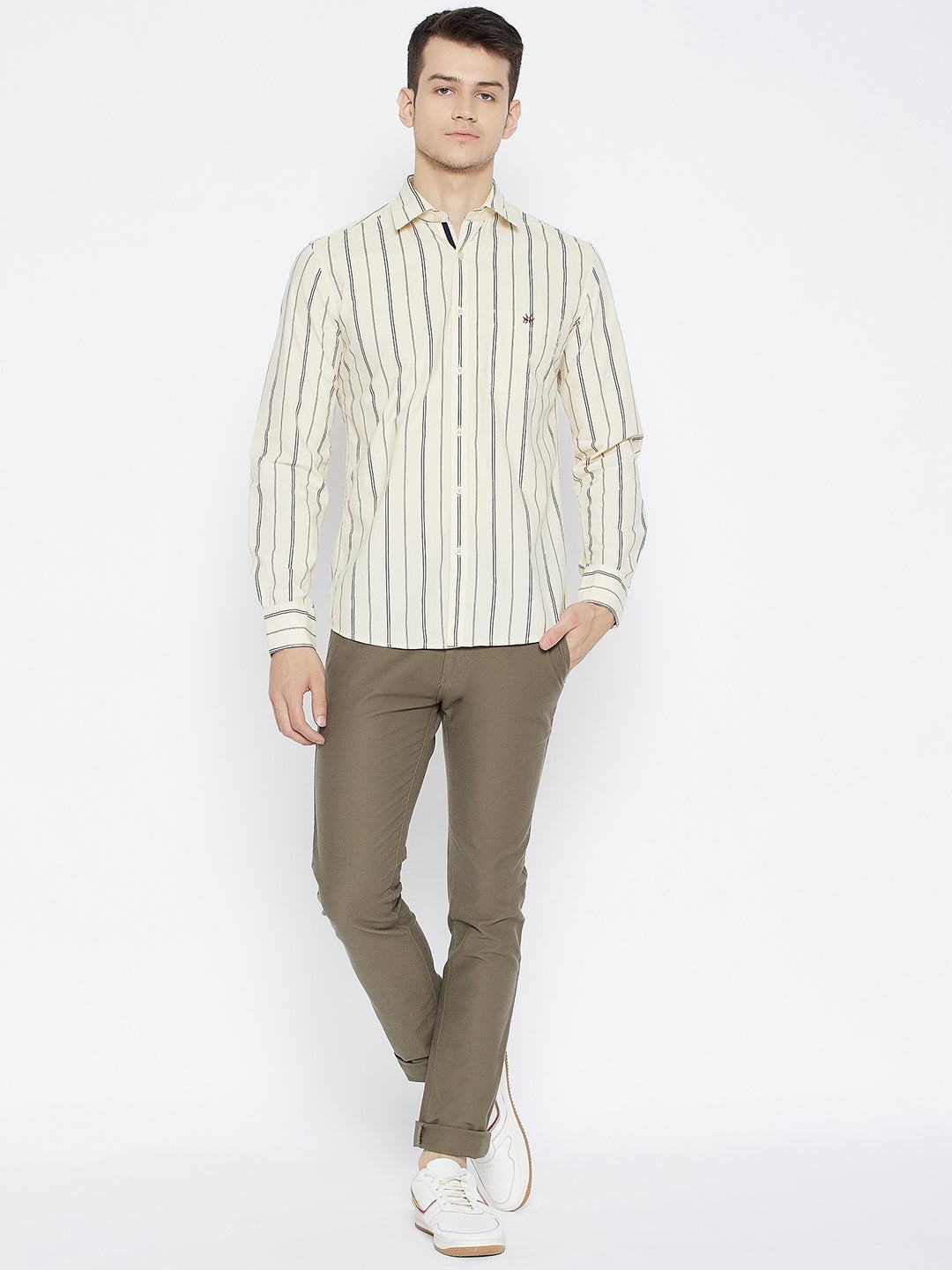 Cream Striped Slim Fit Shirt - Men Shirts
