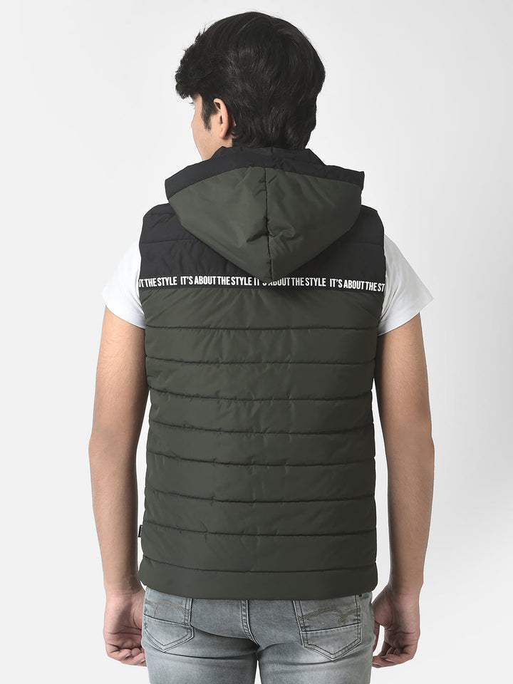  Olive Green Colour-Blocked Gilet Jacket 