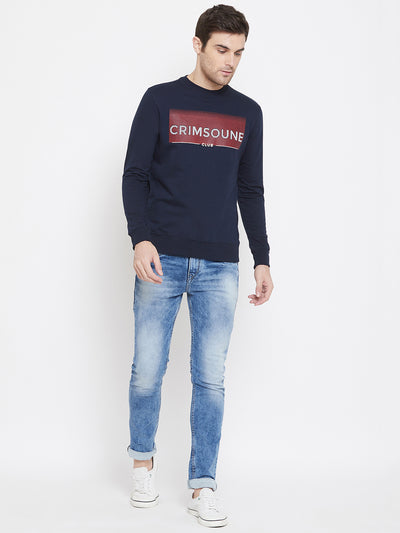 Navy Blue Printed Round Neck Sweatshirt - Men Sweatshirts