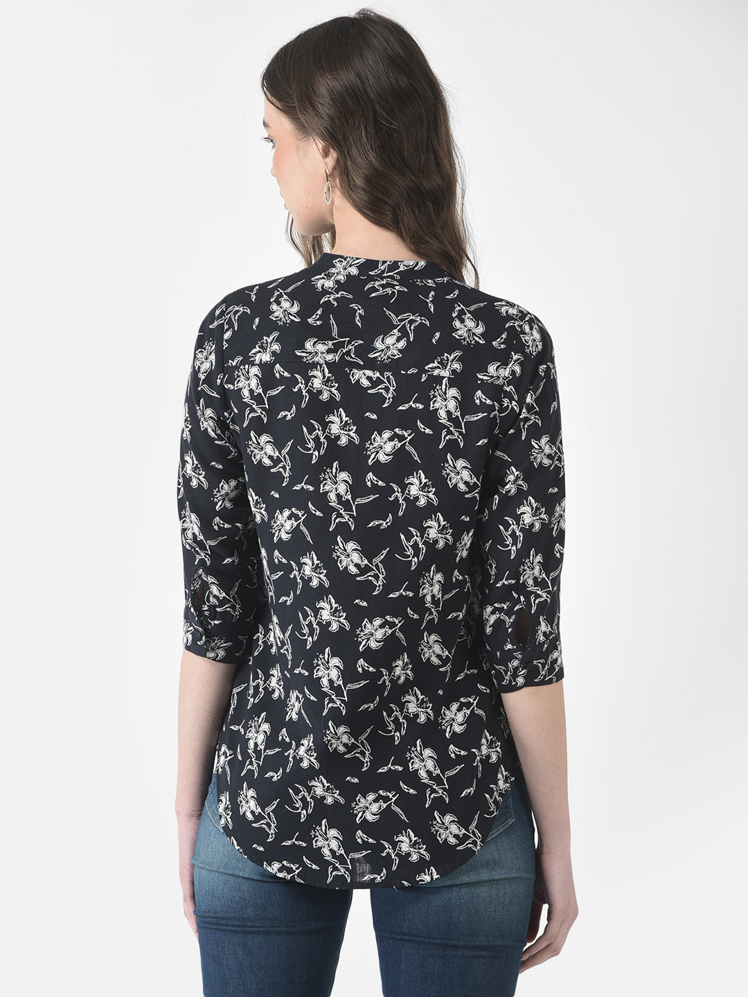  Navy-Blue High-Low Floral Shirt