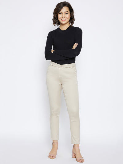 Cream Slim Fit Trousers - Women Trousers