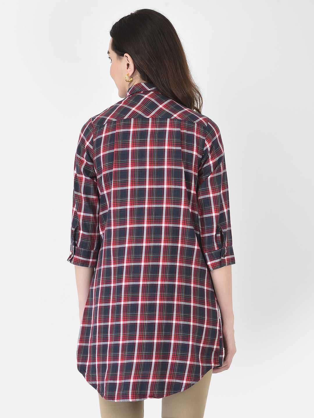 Long Navy Blue Checked Shirt - Women Shirts