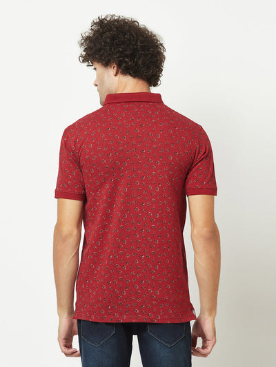  Maroon Floral Print Polo T-Shirt