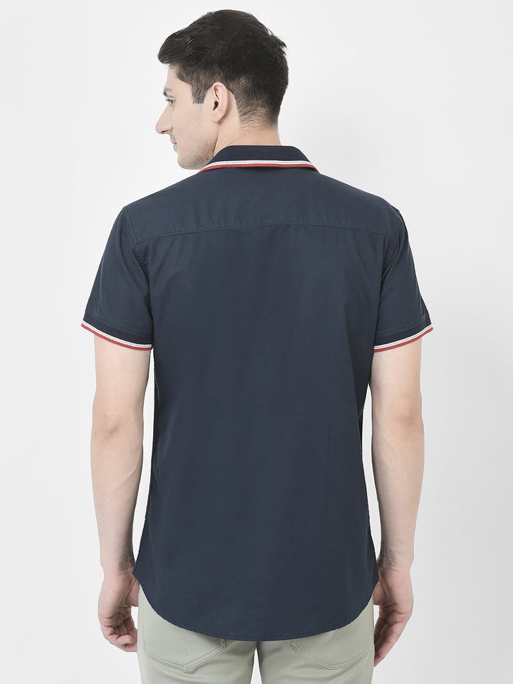  Striped Collar Navy Blue Shirt