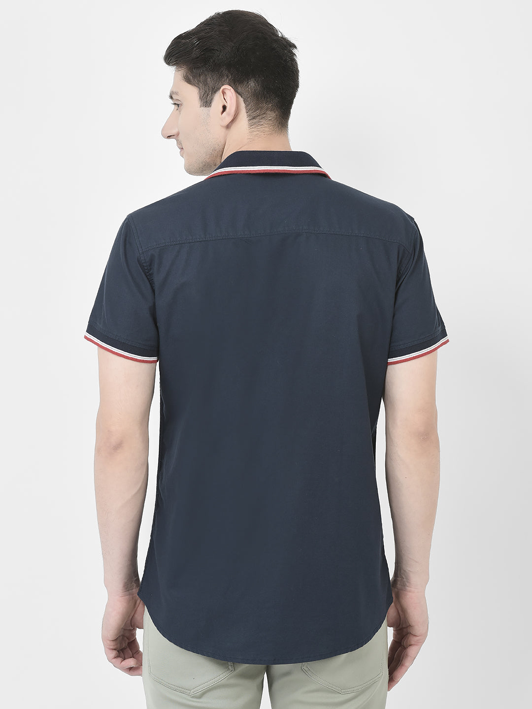  Striped Collar Navy Blue Shirt