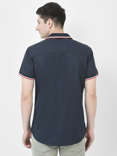  Striped Collar Navy Blue Shirt
