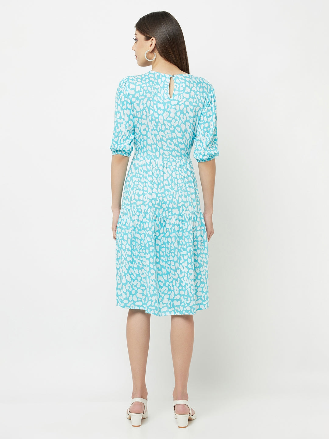 Blue Printed Round Neck Dress - Women Dresses