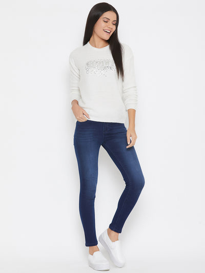 White Self Design Round Neck Sweater - Women Sweaters