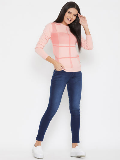 Pink Checked Round Neck Sweater - Women Sweaters