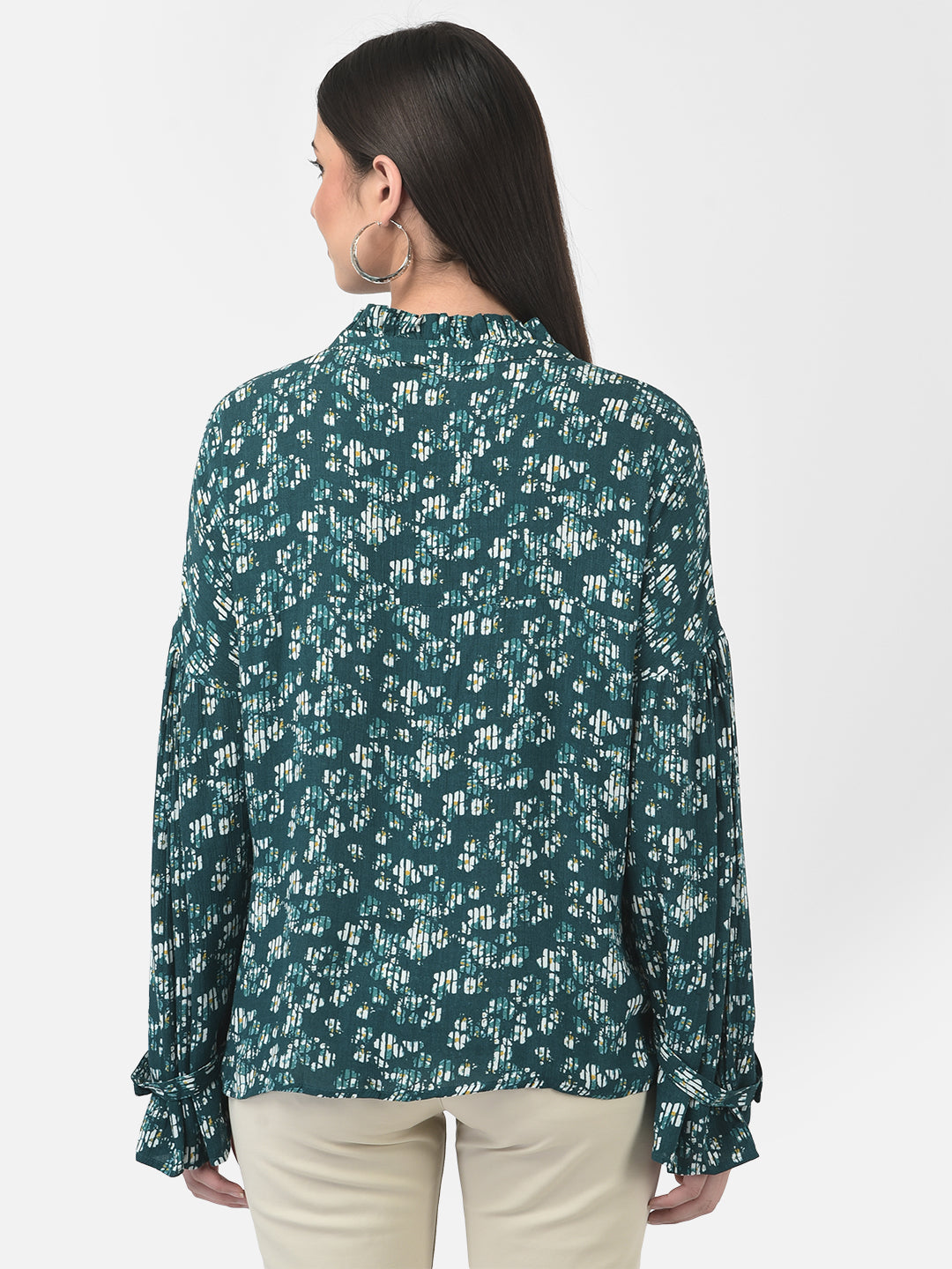 Deep Teal Floral Button-Down Top-Women Tops-Crimsoune Club