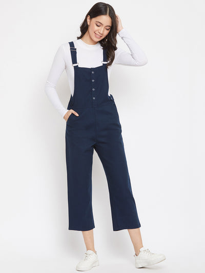 Navy Blue Solid Slim Fit Dungarees-Women Dungarees-Crimsoune Club