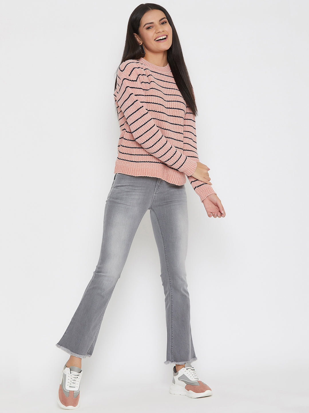 Pink Striped Round Neck Sweater - Women Sweaters