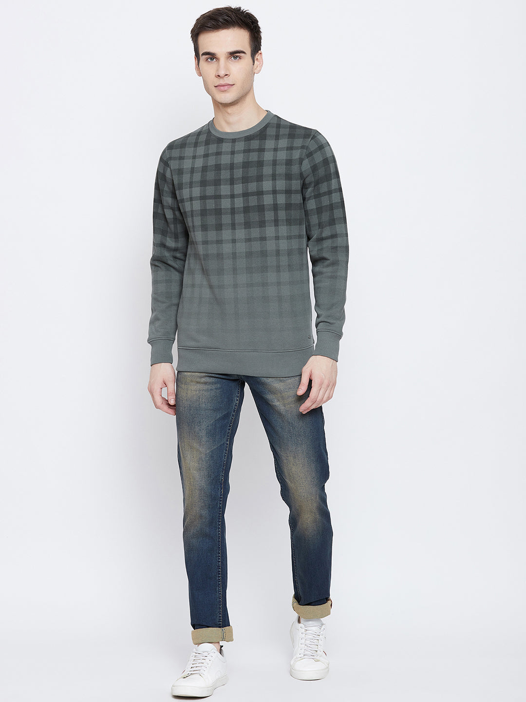 Green Checked Round Neck Sweatshirt - Men Sweatshirts