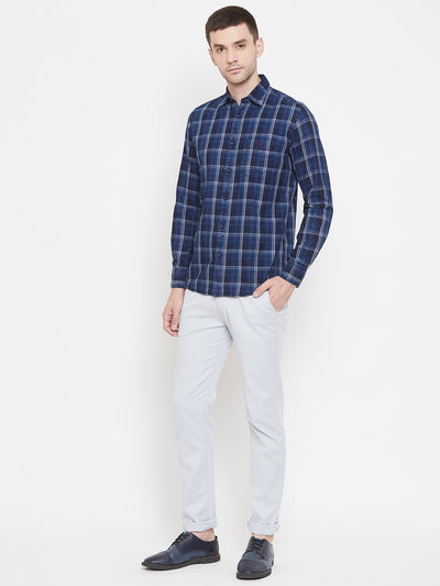 Navy Blue Checked Spread Collar Slim Fit Shirt - Men Shirts