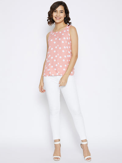 Peach Polka Dots Printed Tank Top - Women Tops