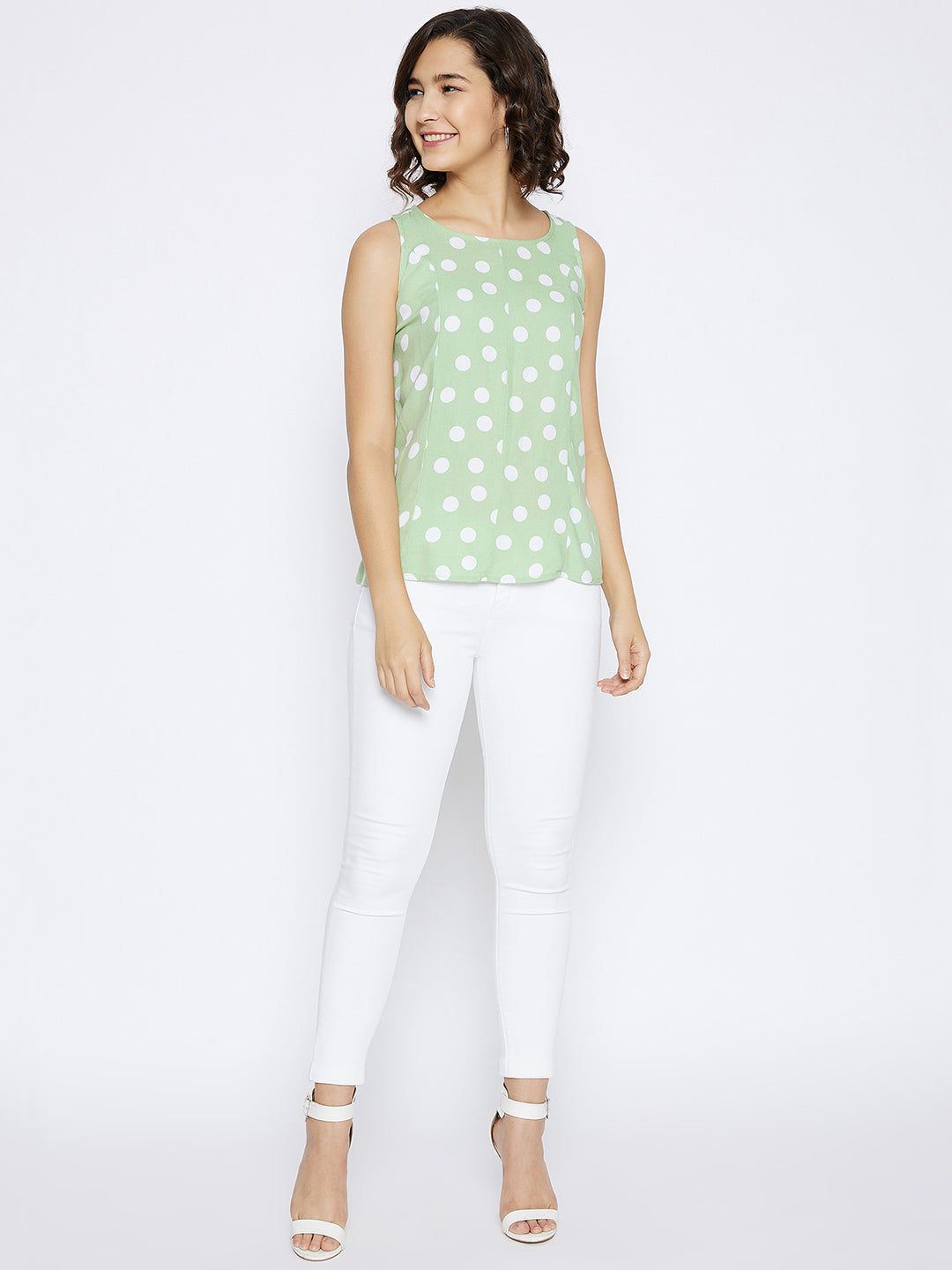 Mint Green Polka Dots Printed Tank Top - Women Tops