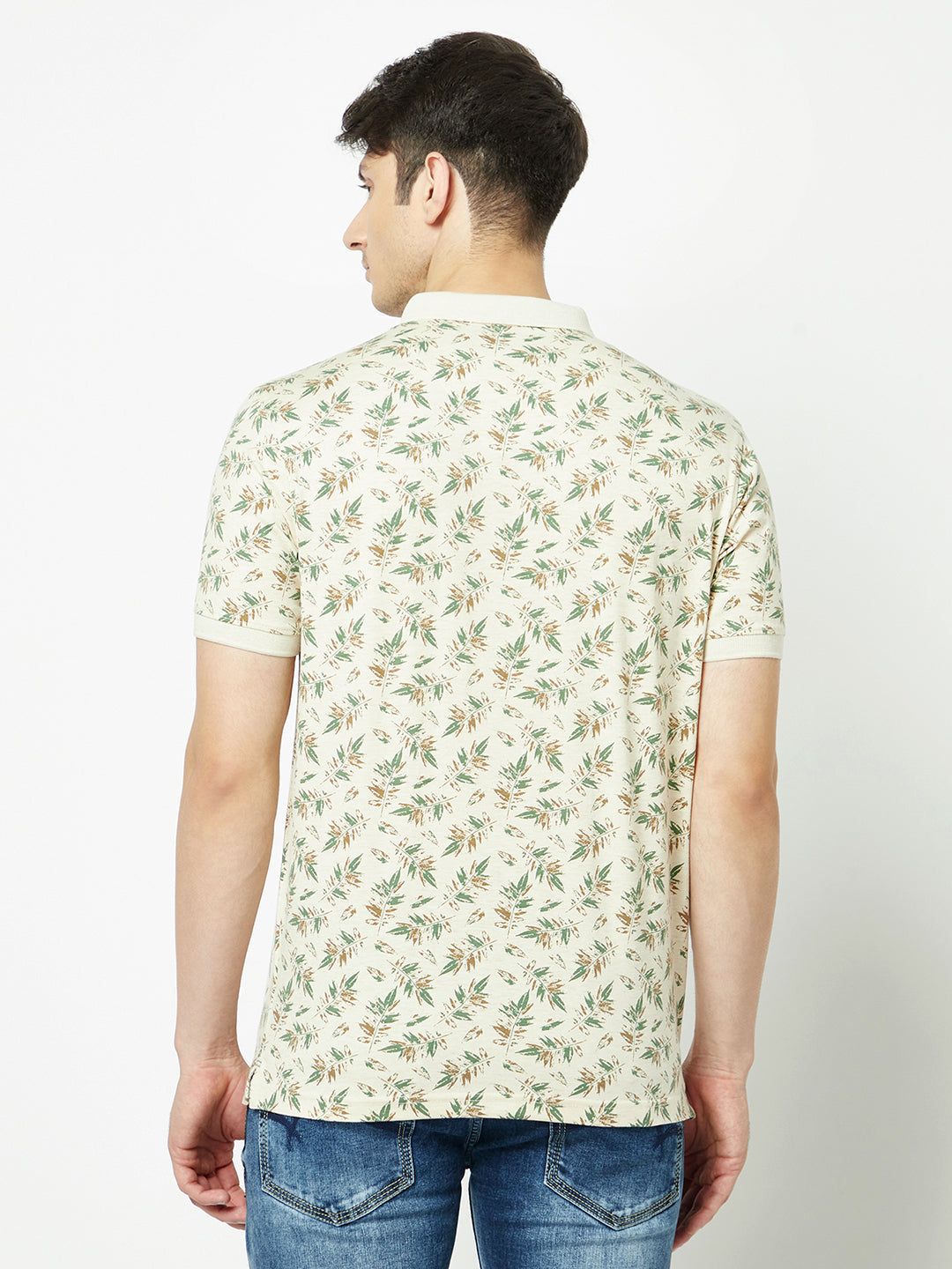  Oatmeal Melange Leaf-Print Polo T-Shirt