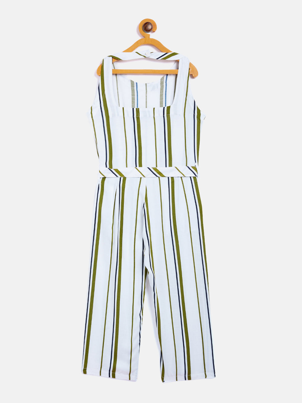 Green Striped Round Neck Jumpsuit - Girls Jumpsuit