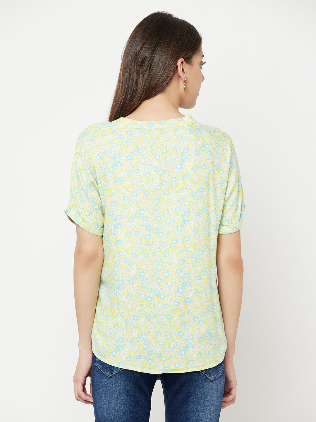 Green Floral Printed V-Neck Top - Women Tops