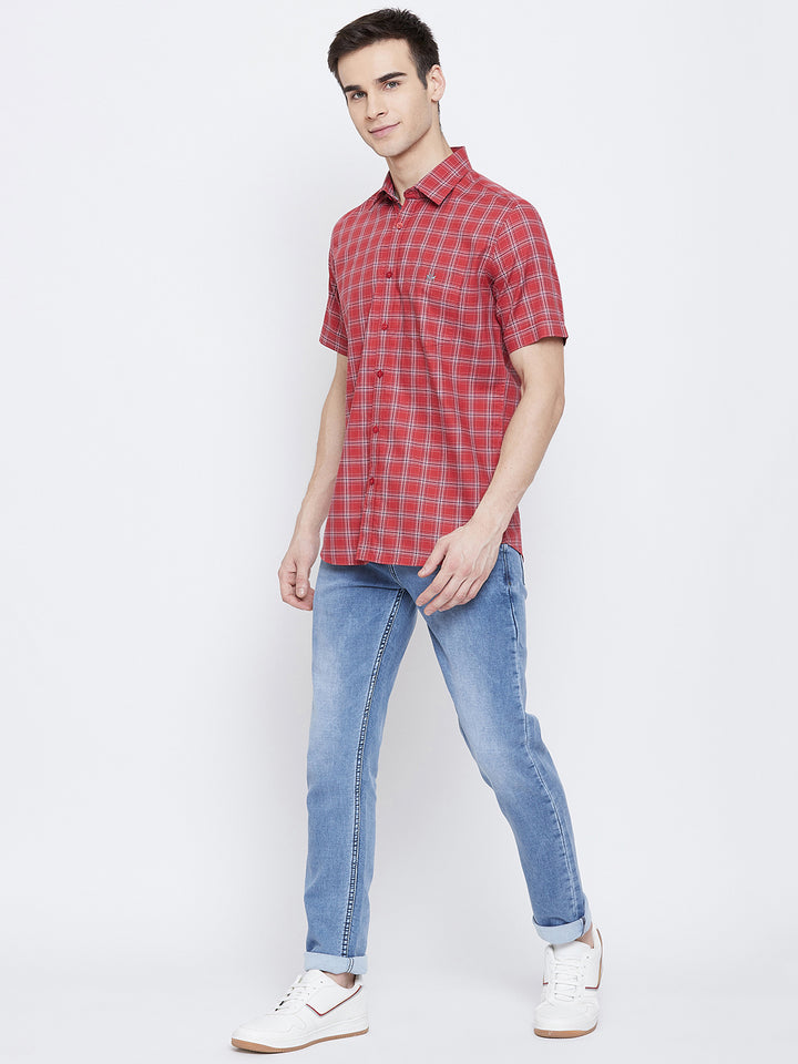 Red Checked Spread Collar Slim Fit Shirt - Men Shirts