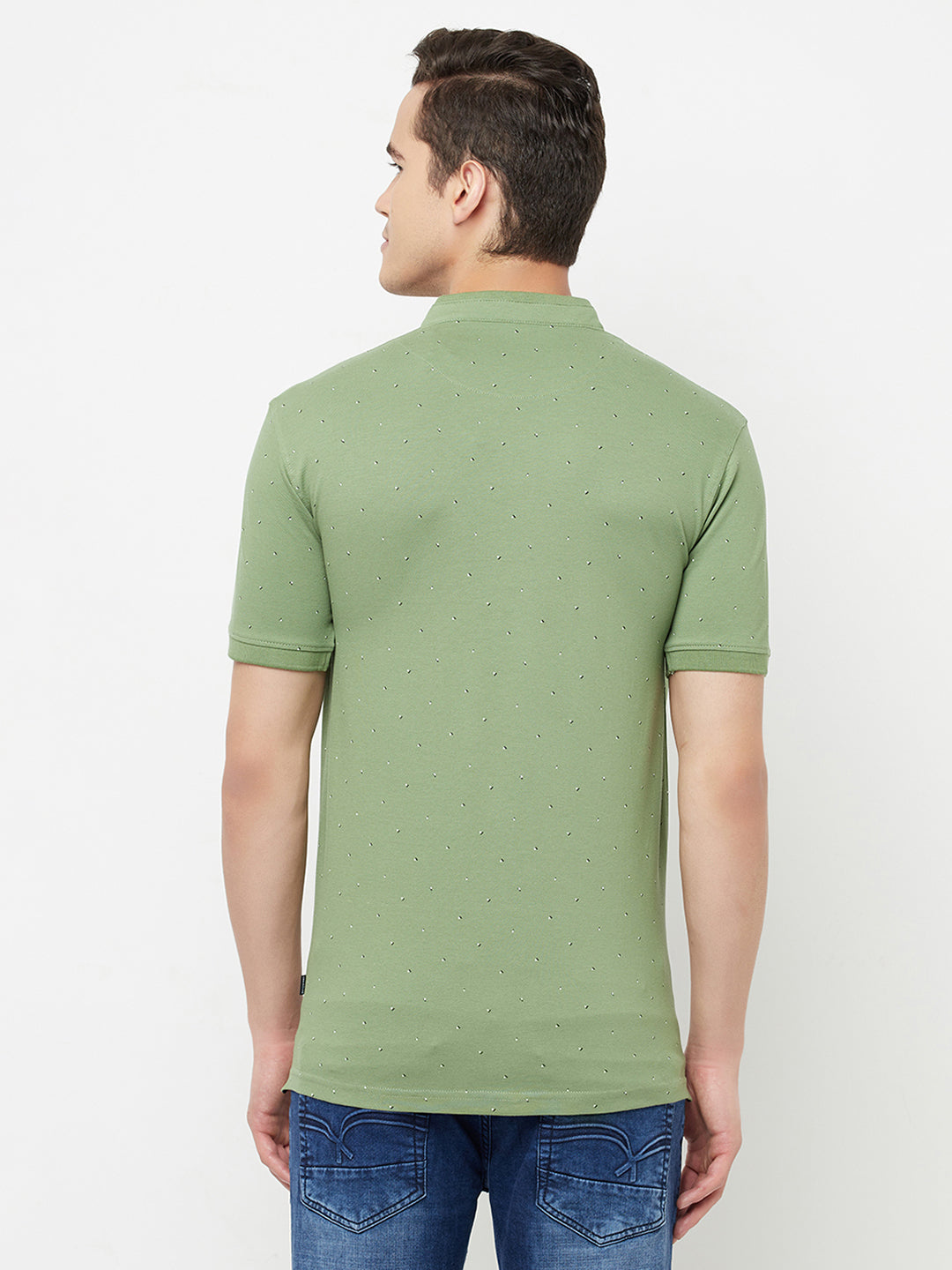 Olive Printed Mandarin Collar T-Shirt - Men T-Shirts